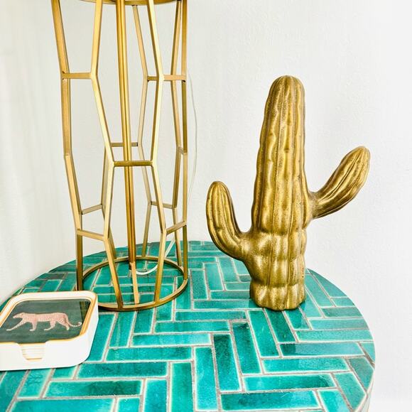 ANTHROPOLOGIE Textured Brass Gold Ceramic Saguaro Cactus Figurine Accent Decor - Picture 1 of 14